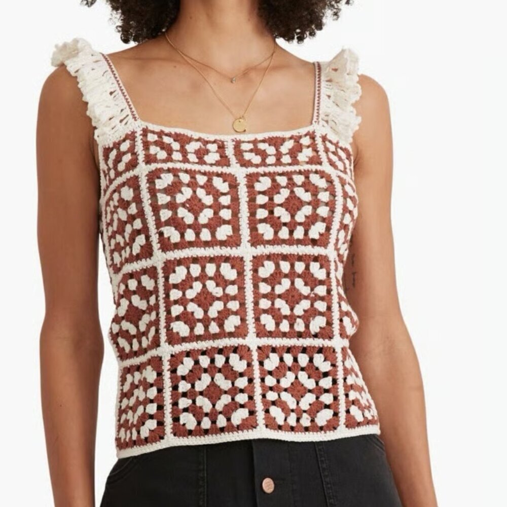 Marine Layer Cora crochet tank top shirt blouse brown white Granny square new XL